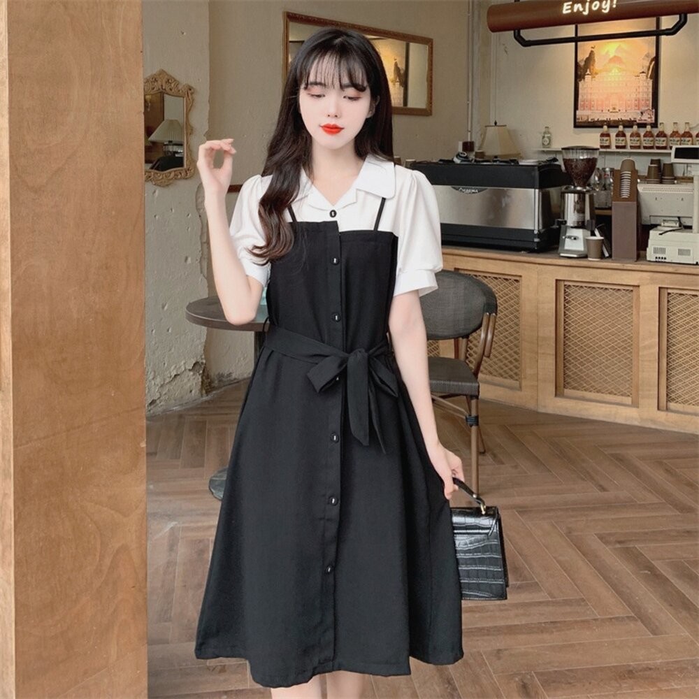 【台灣發貨】韓版設計感假兩件收腰氣質洋裝 連身裙 吊帶裙 吊帶褲 女裝【S188】-細節圖2