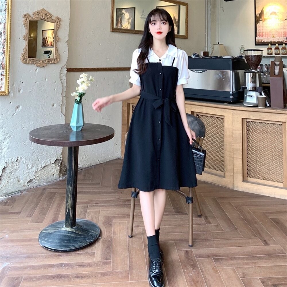 【台灣發貨】韓版設計感假兩件收腰氣質洋裝 連身裙 吊帶裙 吊帶褲 女裝【S188】-細節圖4