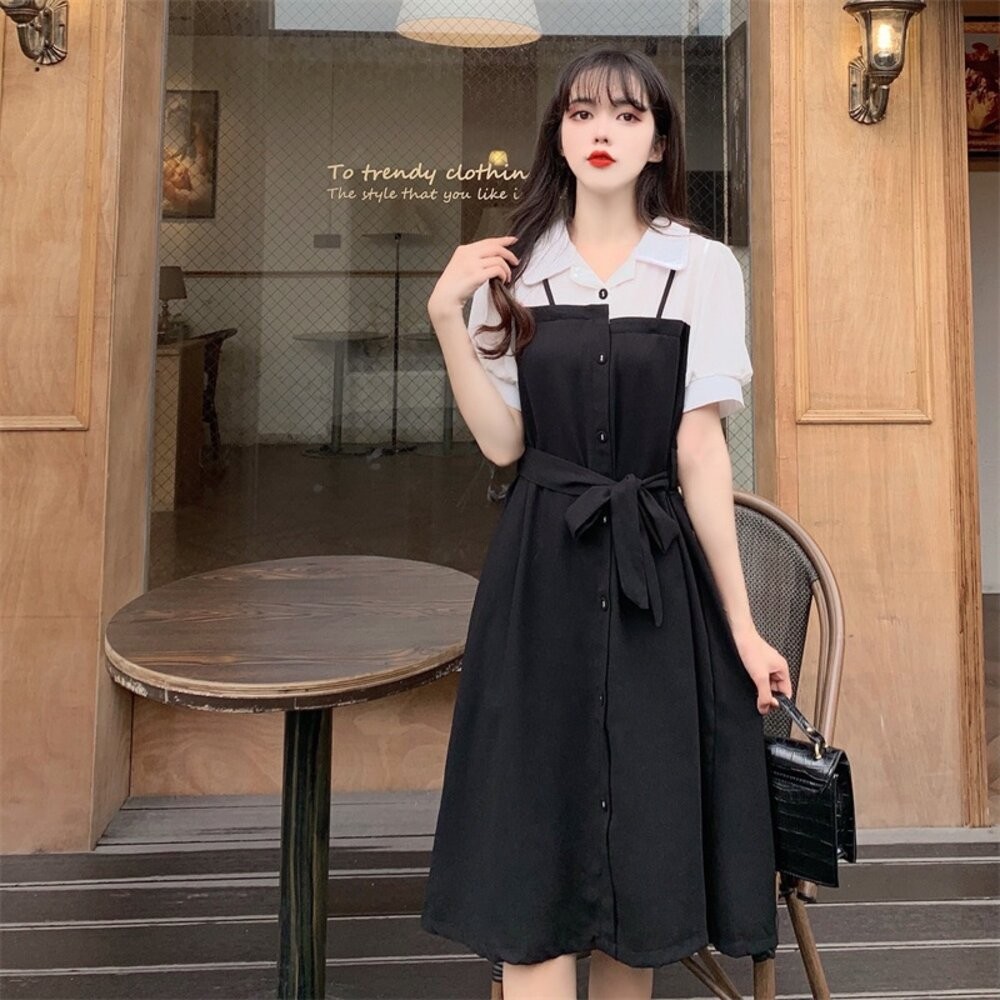 【台灣發貨】韓版設計感假兩件收腰氣質洋裝 連身裙 吊帶裙 吊帶褲 女裝【S188】-細節圖5