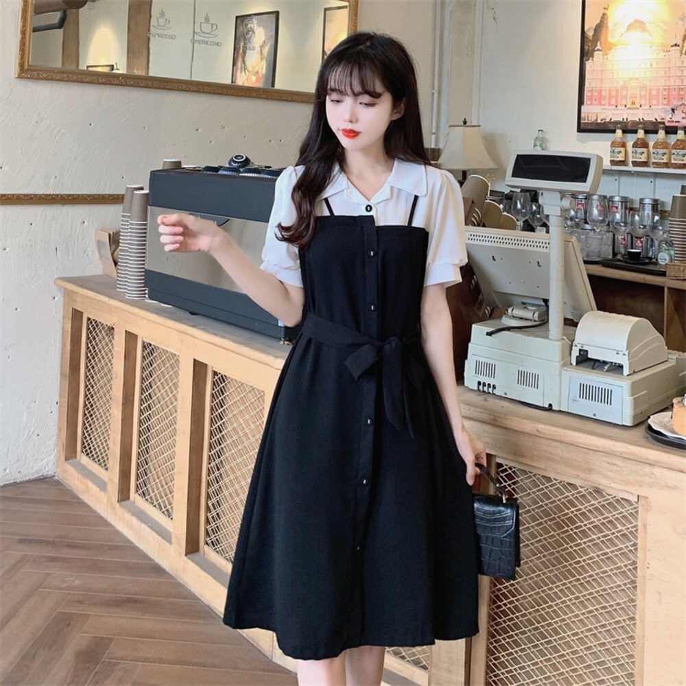 【台灣發貨】韓版設計感假兩件收腰氣質洋裝 連身裙 吊帶裙 吊帶褲 女裝【S188】-細節圖6