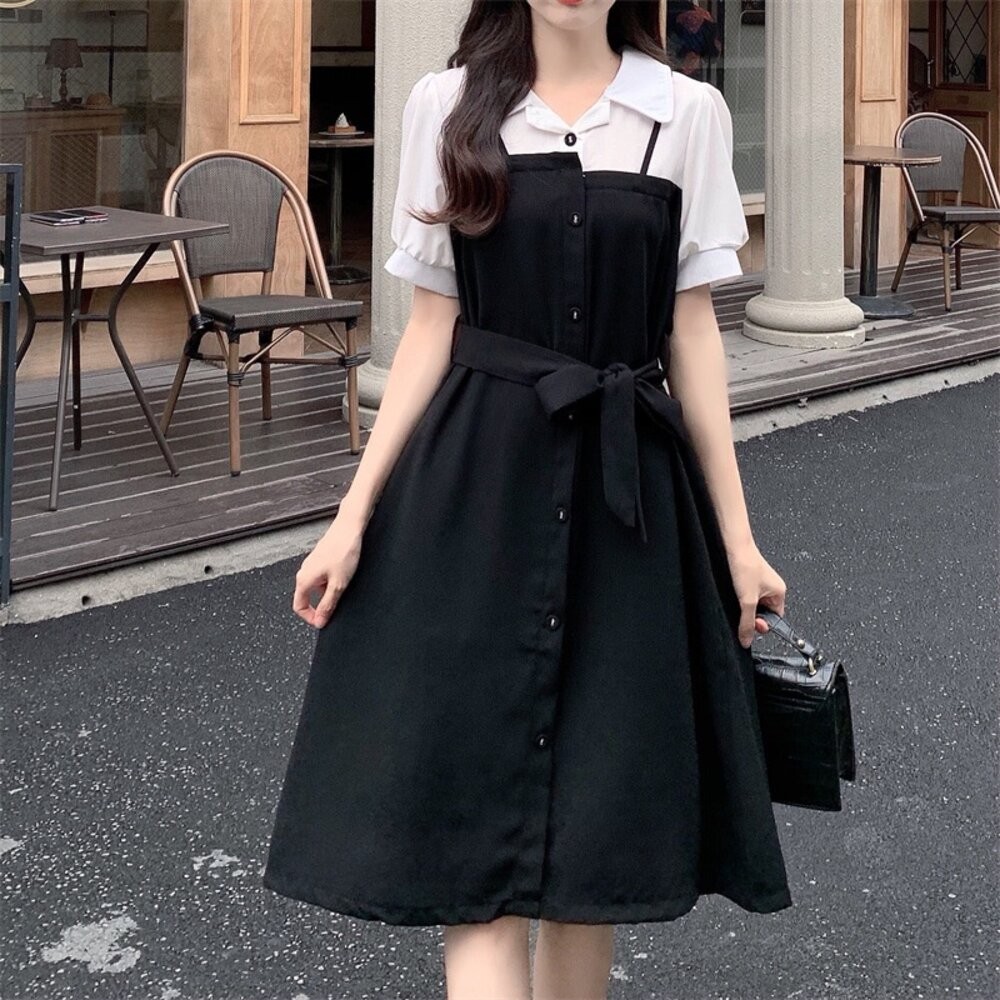 【台灣發貨】韓版設計感假兩件收腰氣質洋裝 連身裙 吊帶裙 吊帶褲 女裝【S188】-細節圖7