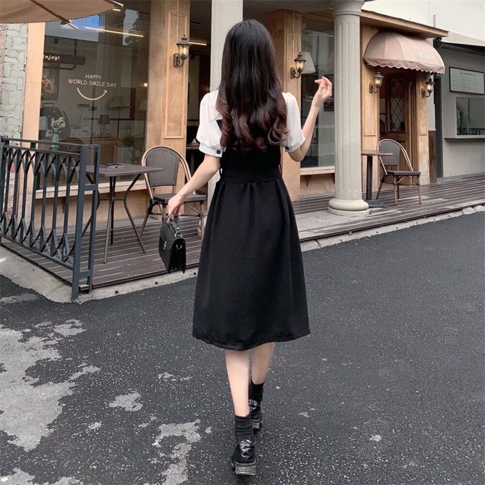 【台灣發貨】韓版設計感假兩件收腰氣質洋裝 連身裙 吊帶裙 吊帶褲 女裝【S188】-細節圖9