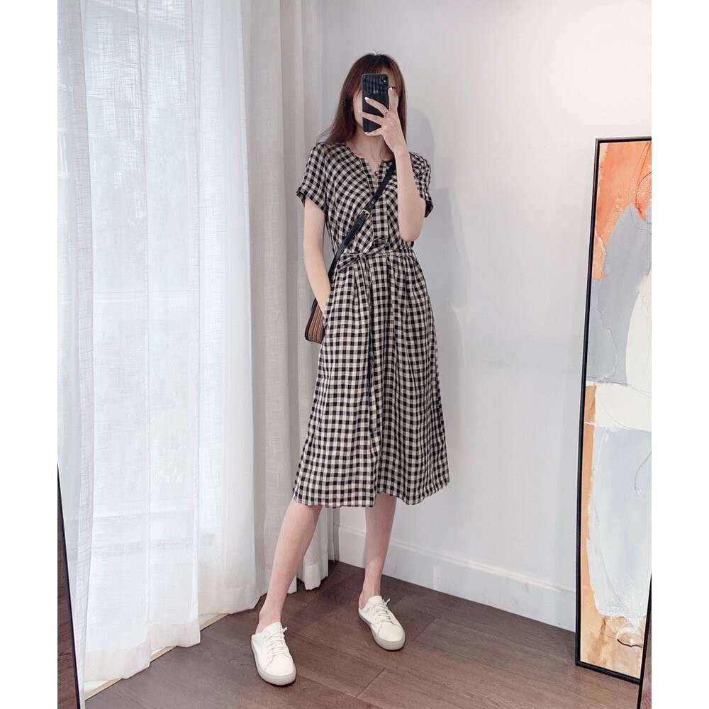 【台灣發貨】韓版格子休閒收腰短袖洋裝 連身裙 吊帶裙 吊帶褲 女裝【S183】-細節圖2