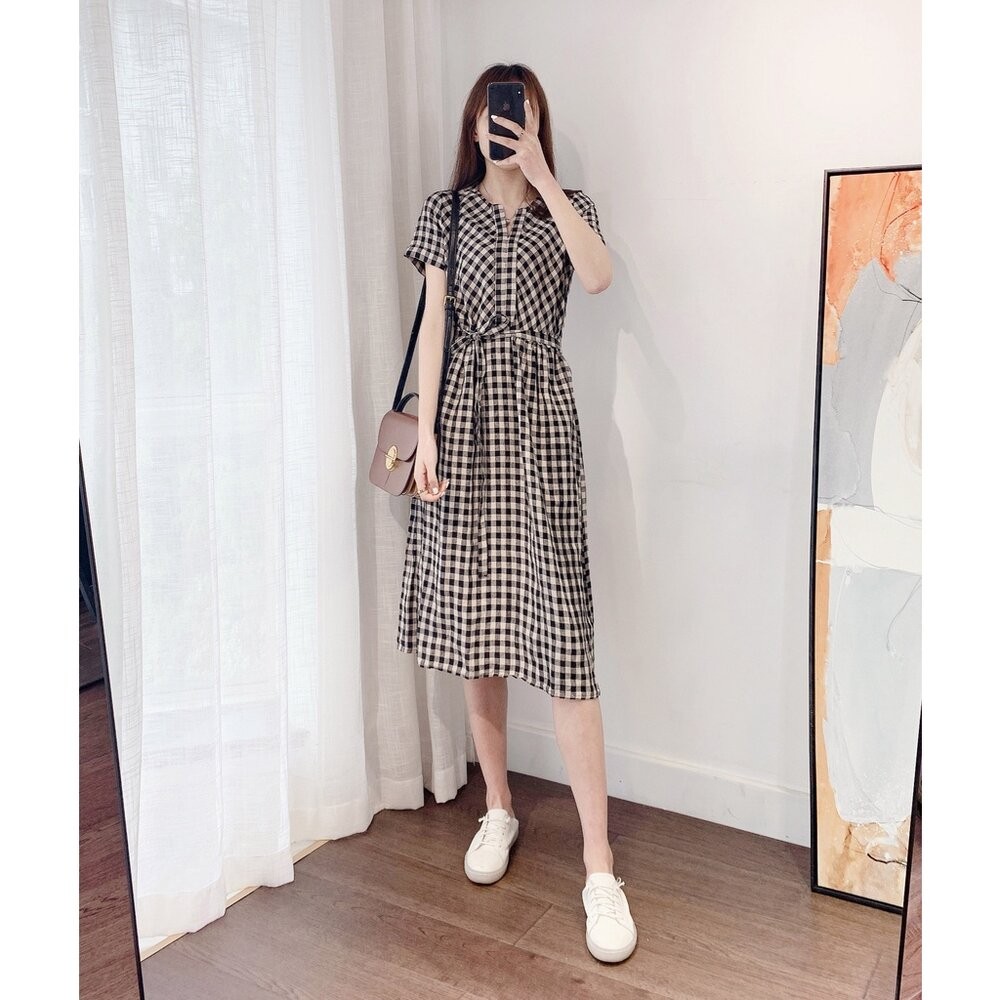 【台灣發貨】韓版格子休閒收腰短袖洋裝 連身裙 吊帶裙 吊帶褲 女裝【S183】-細節圖3