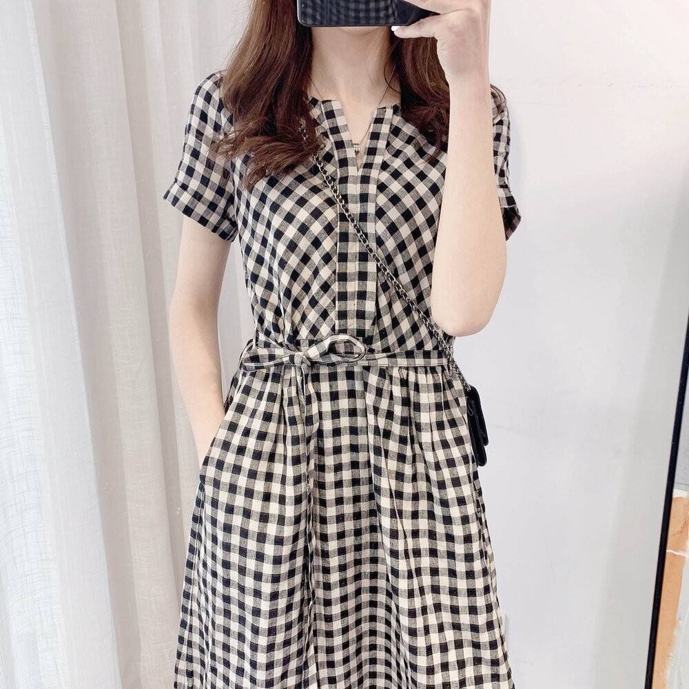 【台灣發貨】韓版格子休閒收腰短袖洋裝 連身裙 吊帶裙 吊帶褲 女裝【S183】-細節圖4