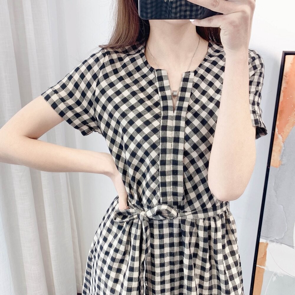 【台灣發貨】韓版格子休閒收腰短袖洋裝 連身裙 吊帶裙 吊帶褲 女裝【S183】-細節圖5