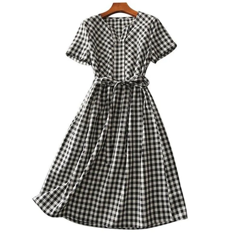 【台灣發貨】韓版格子休閒收腰短袖洋裝 連身裙 吊帶裙 吊帶褲 女裝【S183】-細節圖6