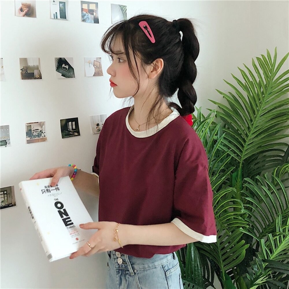 【台灣發貨】韓版寬鬆撞色系短袖上衣 衣服 女裝 t恤 短袖t恤 上衣【T445】-細節圖5
