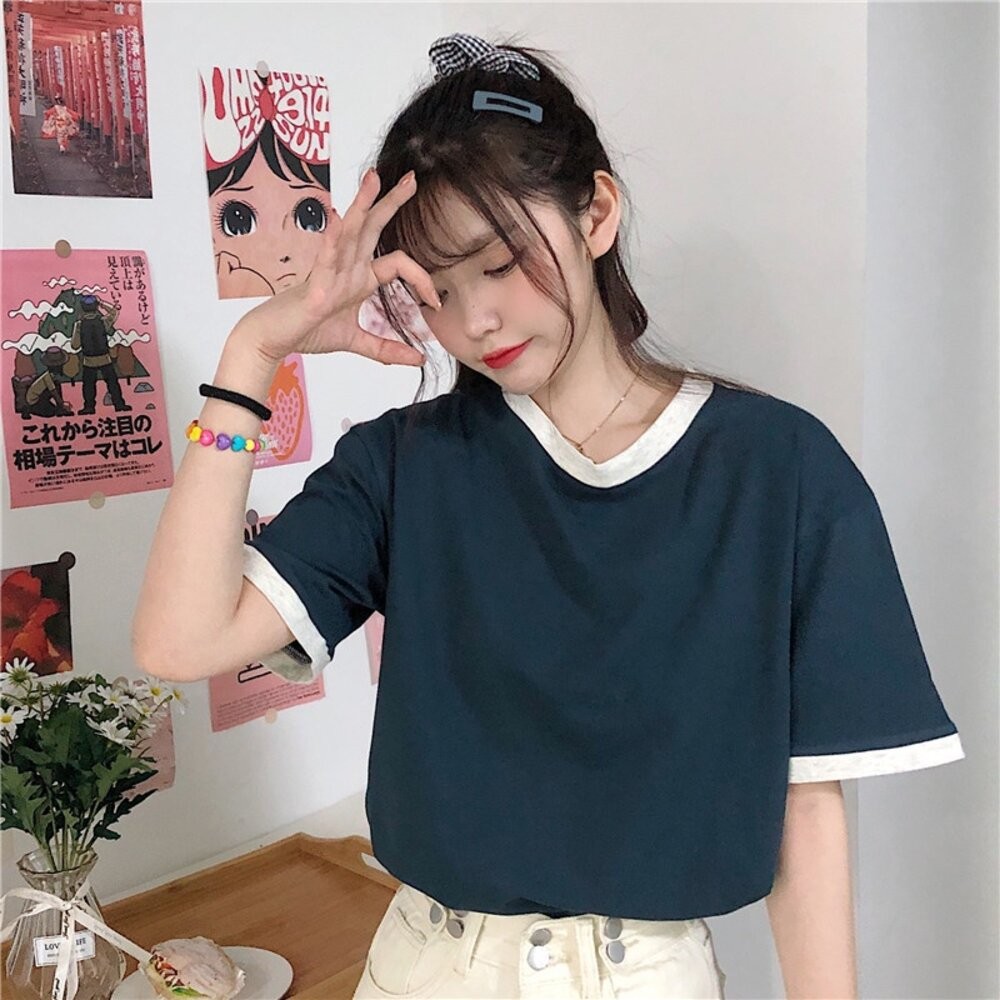 【台灣發貨】韓版寬鬆撞色系短袖上衣 衣服 女裝 t恤 短袖t恤 上衣【T445】-細節圖7
