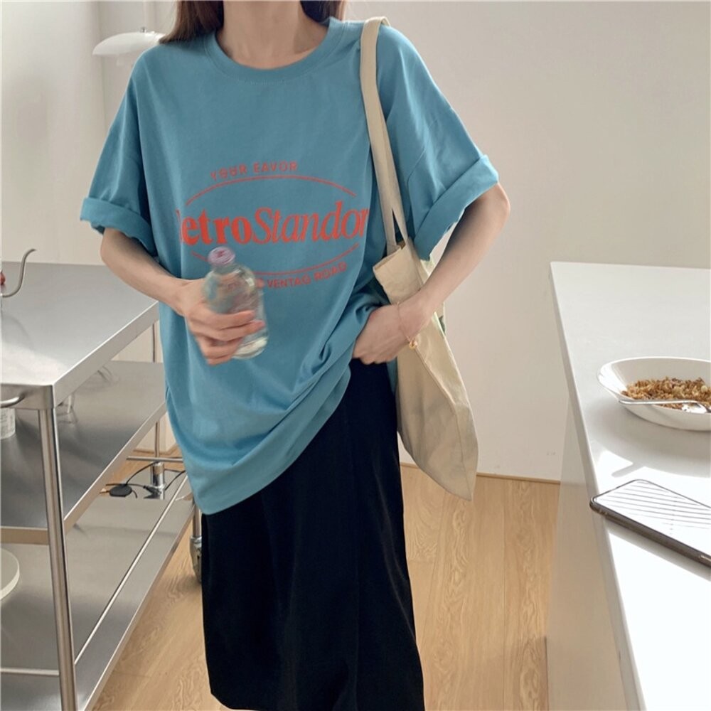 【台灣發貨】韓版中長款寬鬆字母短袖上衣 衣服 女裝 t恤 短袖t恤 上衣【T435】-細節圖8