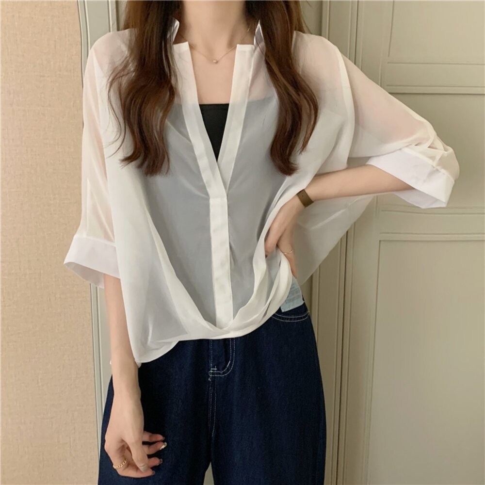 【台灣發貨】韓版雪紡顯瘦蝙蝠袖襯衫+背心 套裝 衣服 女裝 t恤 短袖t恤 上衣【S182】-細節圖5