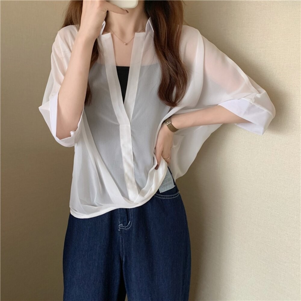 【台灣發貨】韓版雪紡顯瘦蝙蝠袖襯衫+背心 套裝 衣服 女裝 t恤 短袖t恤 上衣【S182】-細節圖7