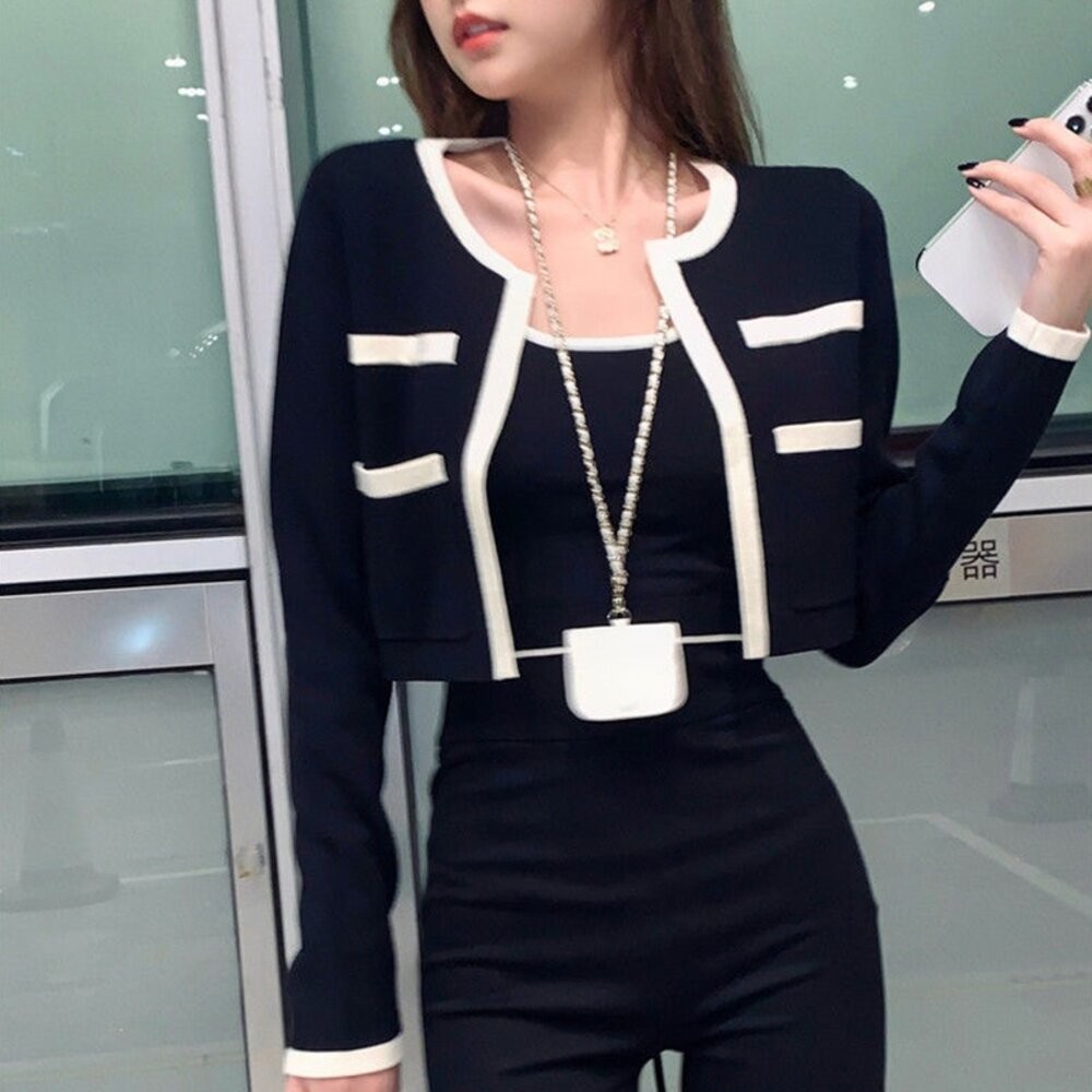 【台灣發貨】韓版氣質撞色針織外套+吊帶背心 小香風套裝 小可愛 女裝  衣服 短版上衣 冰絲背心【V385】【J344】-細節圖5