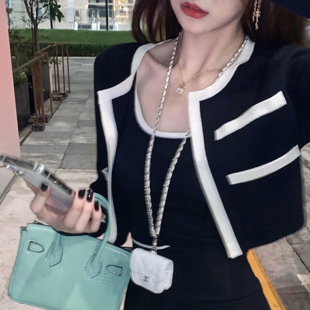 【台灣發貨】韓版氣質撞色針織外套+吊帶背心 小香風套裝 小可愛 女裝  衣服 短版上衣 冰絲背心【V385】【J344】-細節圖6