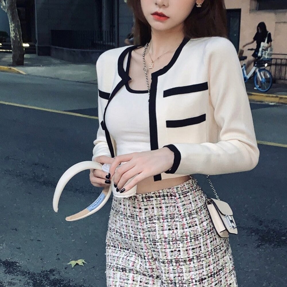 【台灣發貨】韓版氣質撞色針織外套+吊帶背心 小香風套裝 小可愛 女裝  衣服 短版上衣 冰絲背心【V385】【J344】-細節圖7