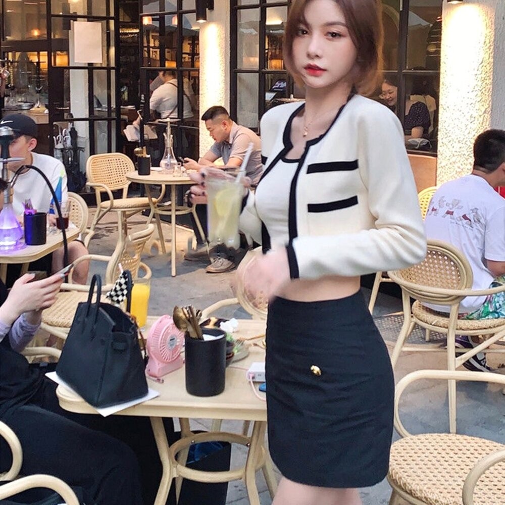 【台灣發貨】韓版氣質撞色針織外套+吊帶背心 小香風套裝 小可愛 女裝  衣服 短版上衣 冰絲背心【V385】【J344】-細節圖8