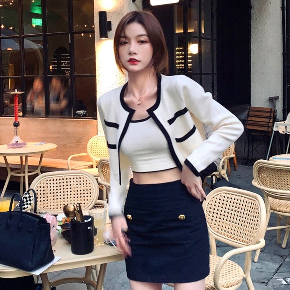 【台灣發貨】韓版氣質撞色針織外套+吊帶背心 小香風套裝 小可愛 女裝  衣服 短版上衣 冰絲背心【V385】【J344】-細節圖9