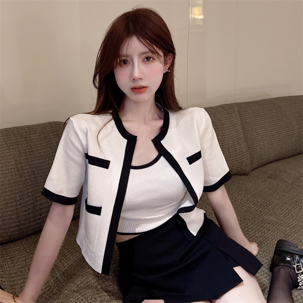 【台灣發貨】韓版小香風短袖撞色套裝 衣服 女裝 t恤 短袖t恤 上衣J342【V385】-細節圖2