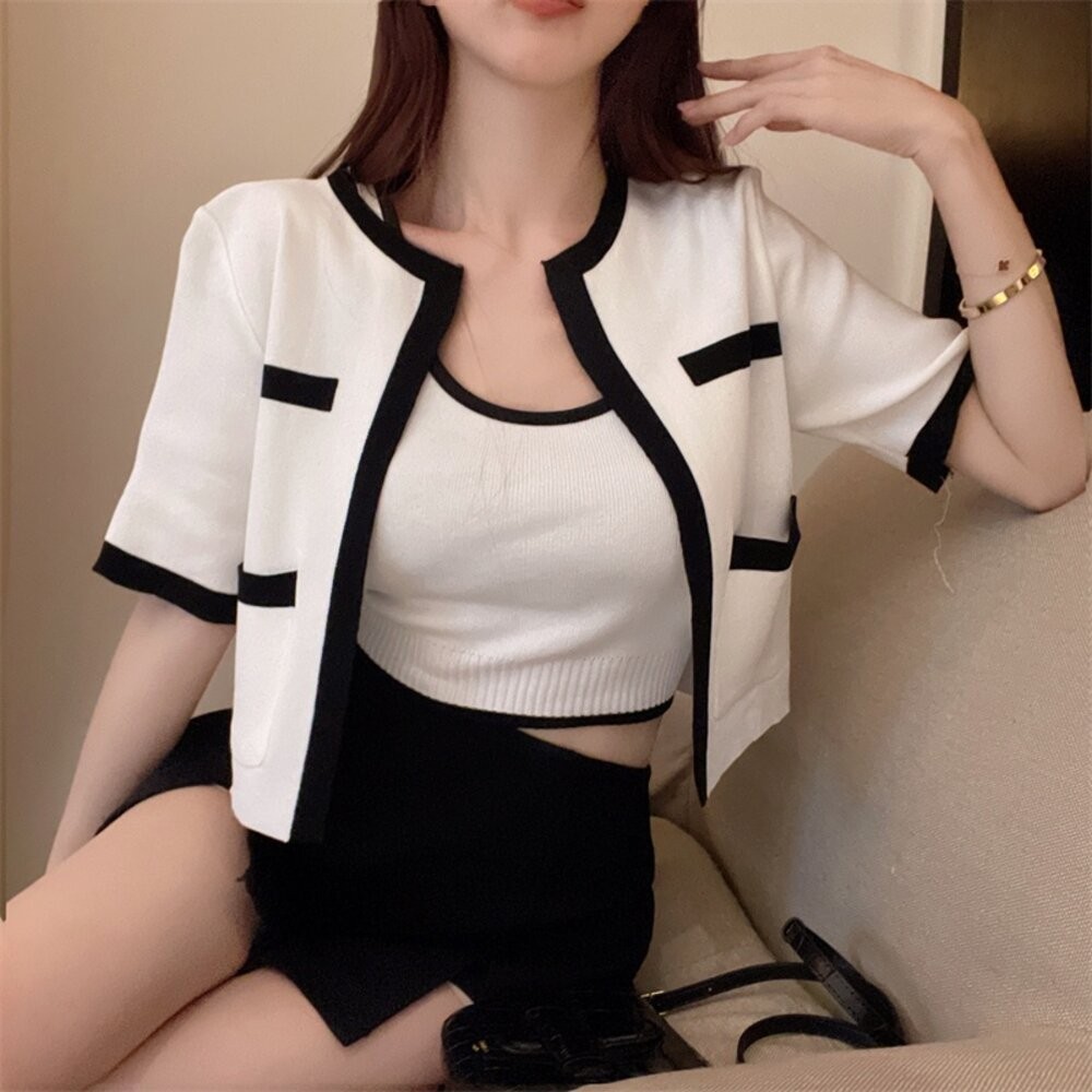 【台灣發貨】韓版小香風短袖撞色套裝 衣服 女裝 t恤 短袖t恤 上衣J342【V385】-細節圖3