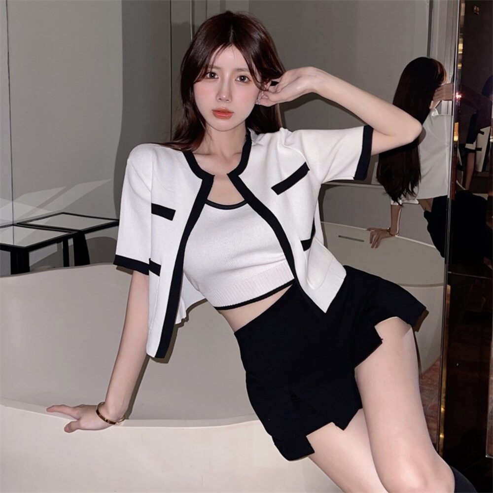 【台灣發貨】韓版小香風短袖撞色套裝 衣服 女裝 t恤 短袖t恤 上衣J342【V385】-細節圖4