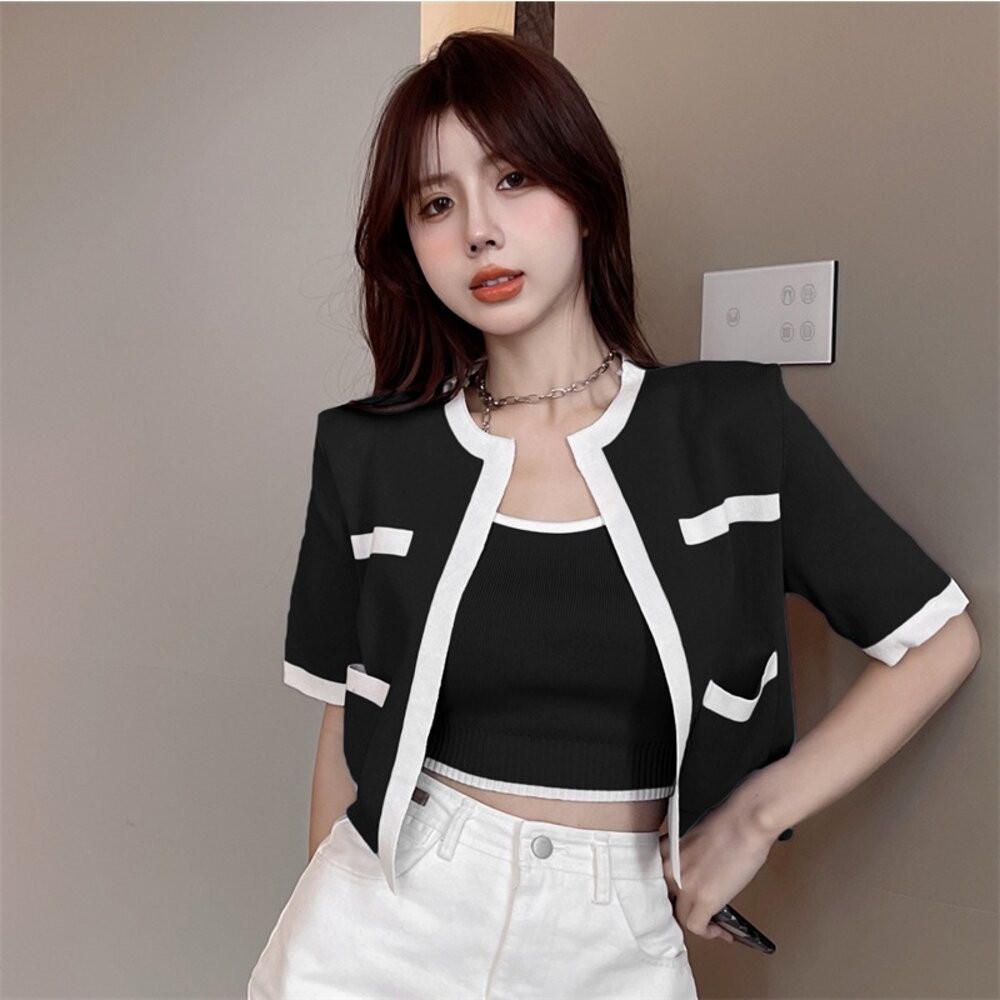 【台灣發貨】韓版小香風短袖撞色套裝 衣服 女裝 t恤 短袖t恤 上衣J342【V385】-細節圖6