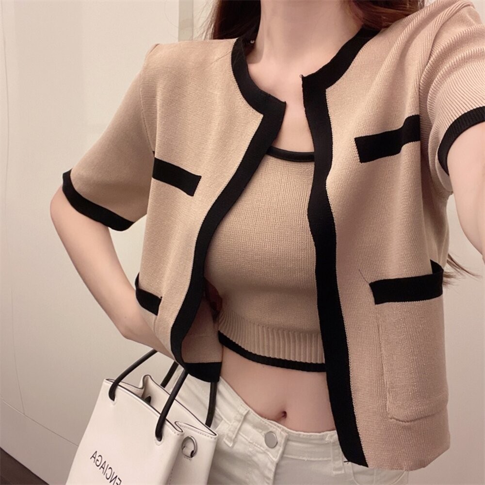 【台灣發貨】韓版小香風短袖撞色套裝 衣服 女裝 t恤 短袖t恤 上衣J342【V385】-細節圖9