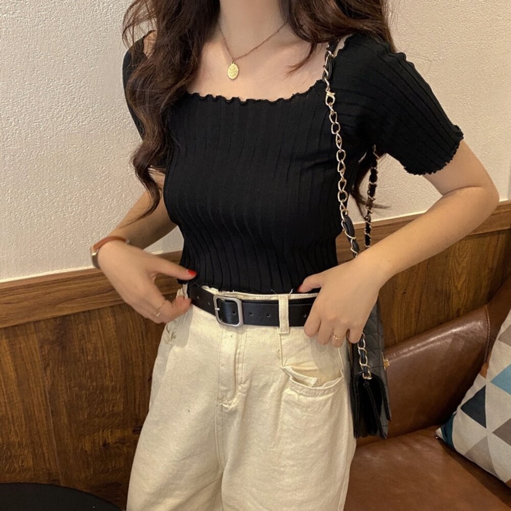 【台灣發貨】韓版一字領針織短袖上衣 短版上衣 衣服 女裝 t恤 短袖t恤 上衣【T265】-細節圖9