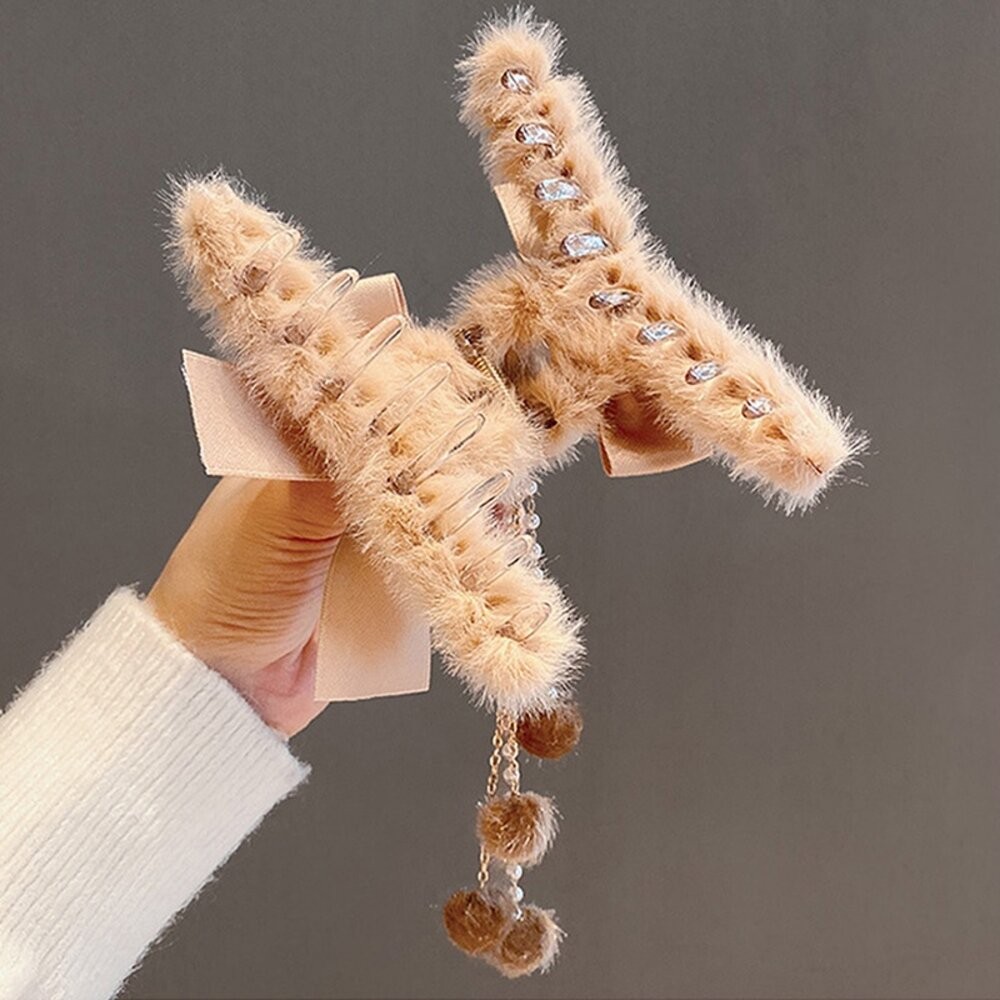 【台灣發貨】韓版毛絨蝴蝶結流蘇髮夾【N78】-細節圖2