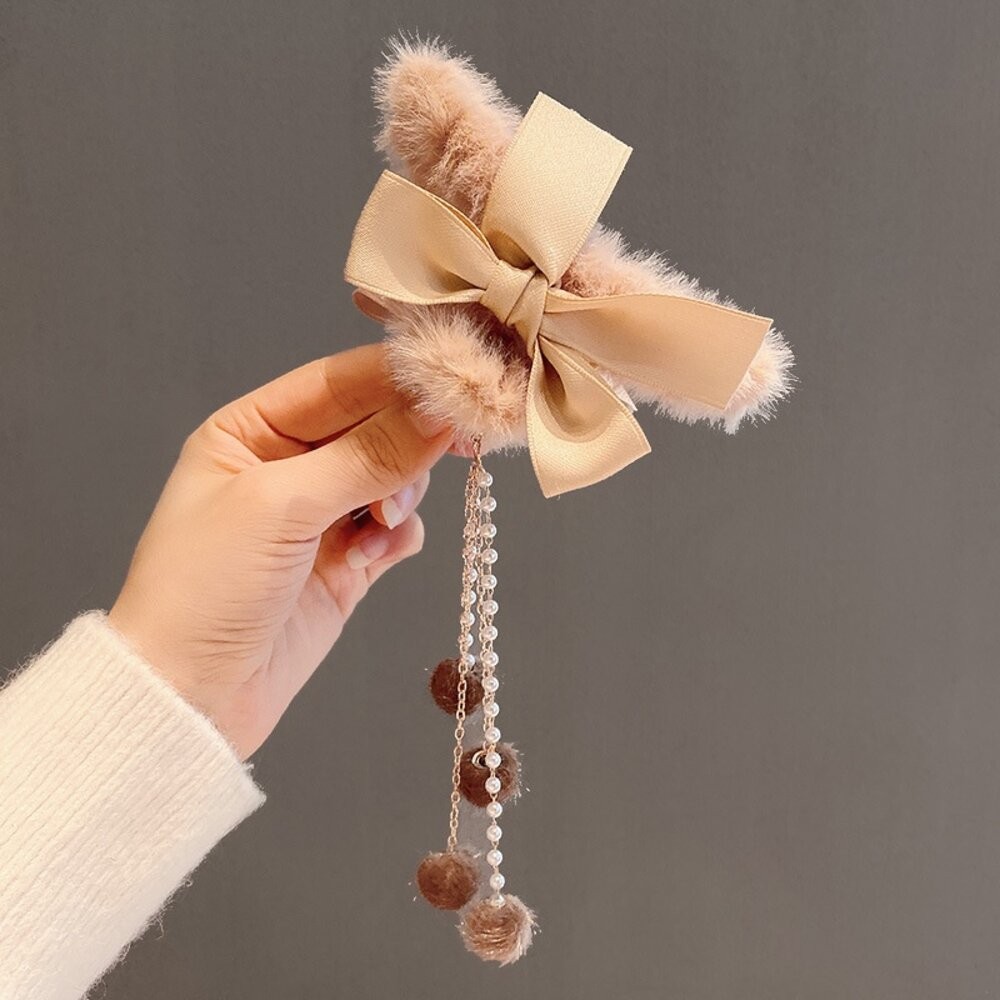 【台灣發貨】韓版毛絨蝴蝶結流蘇髮夾【N78】-細節圖3