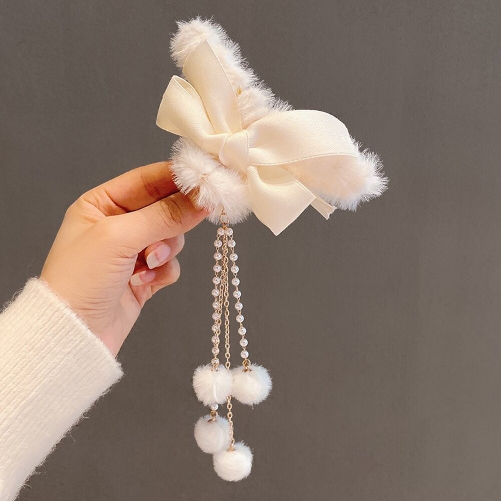 【台灣發貨】韓版毛絨蝴蝶結流蘇髮夾【N78】-細節圖4