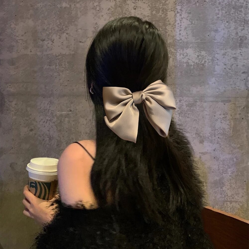【台灣發貨】韓版奶茶色系大蝴蝶結髮夾【N72】-細節圖3