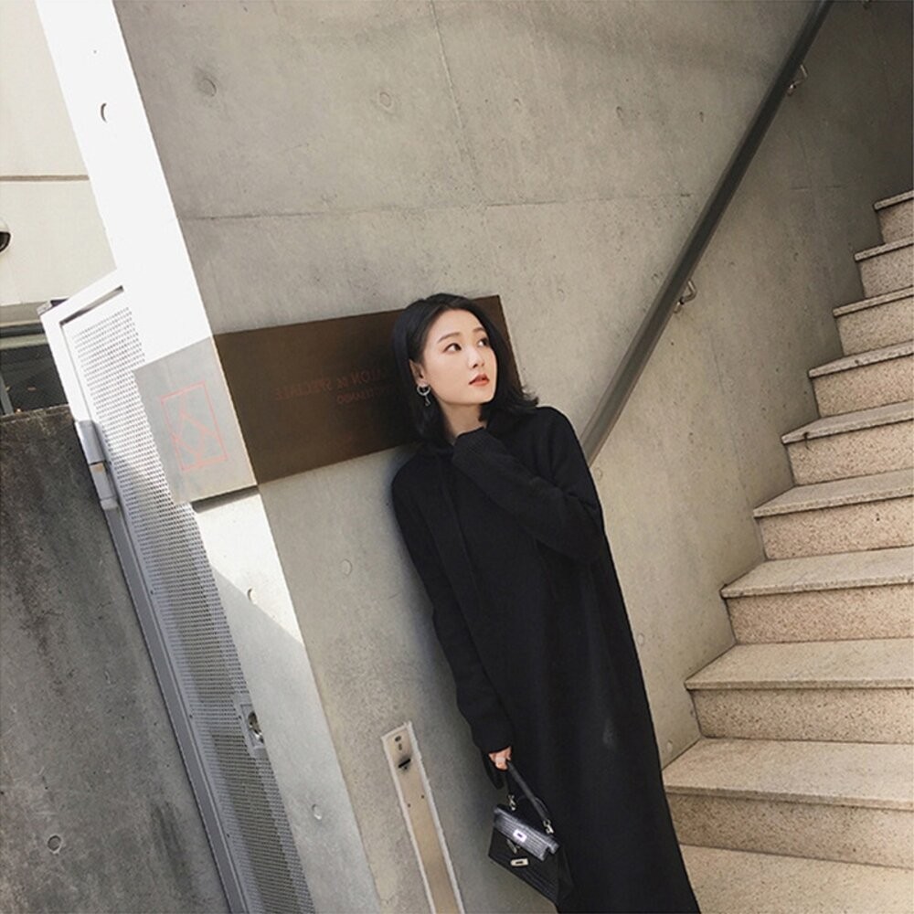【台灣發貨】韓版寬鬆慵懶風連帽針織連衣裙 長袖上衣 長袖t恤 衣服 女裝 上衣【S162】-細節圖8