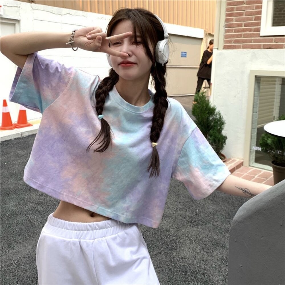 【台灣發貨】韓版小眾炫染寬鬆短版上衣 衣服 女裝 t恤 短袖t恤 上衣【T383】-細節圖3