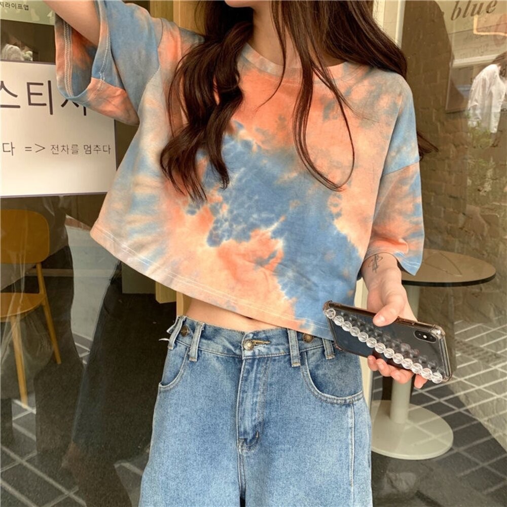 【台灣發貨】韓版小眾炫染寬鬆短版上衣 衣服 女裝 t恤 短袖t恤 上衣【T383】-細節圖8