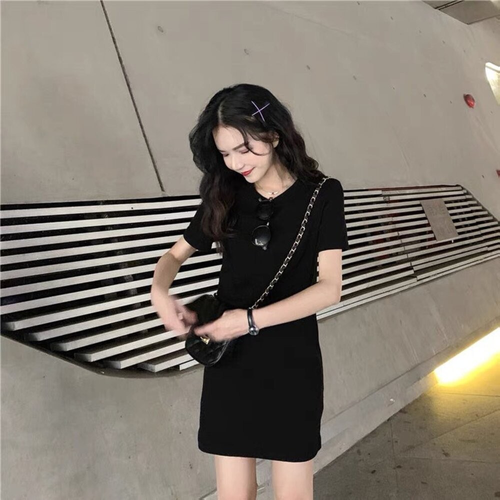 【台灣發貨】韓版小個子黑色連衣裙 短袖上衣 衣服 女裝 t恤 短袖t恤 上衣 【T218】-細節圖3