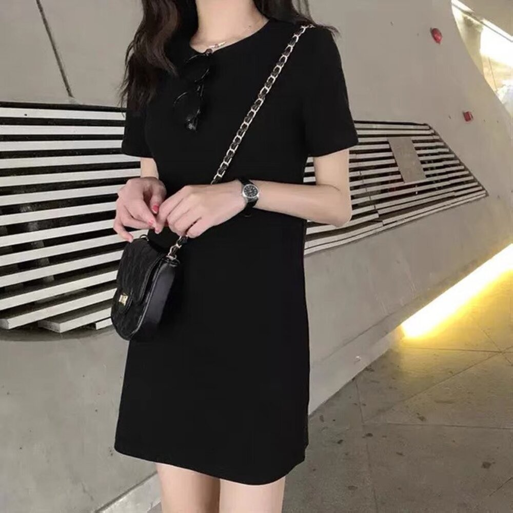【台灣發貨】韓版小個子黑色連衣裙 短袖上衣 衣服 女裝 t恤 短袖t恤 上衣 【T218】-細節圖4