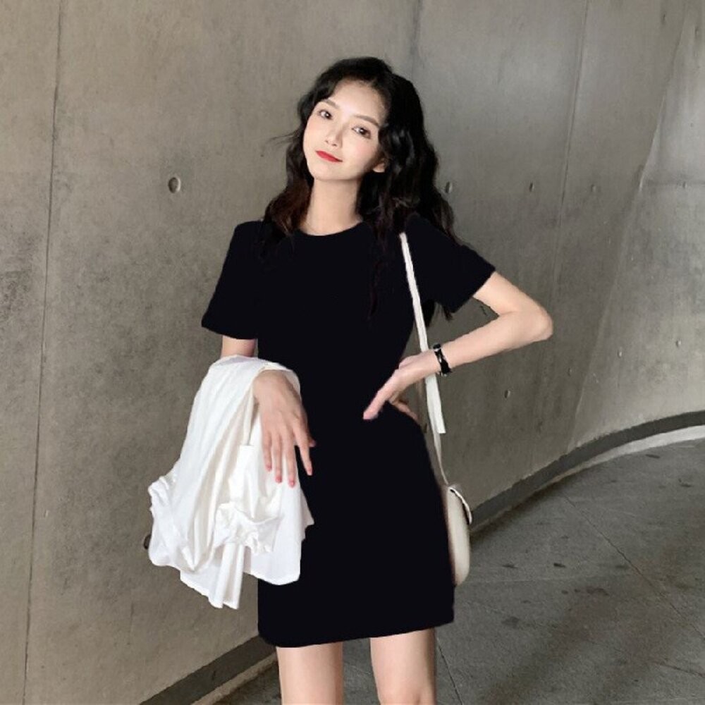 【台灣發貨】韓版小個子黑色連衣裙 短袖上衣 衣服 女裝 t恤 短袖t恤 上衣 【T218】-細節圖5