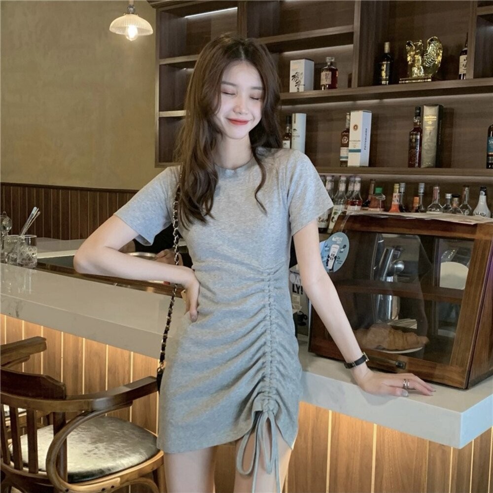 【台灣發貨】韓版設計感拉繩修身顯瘦百搭短袖洋裝 衣服 女裝 t恤 短袖t恤 上衣【T336】-細節圖3