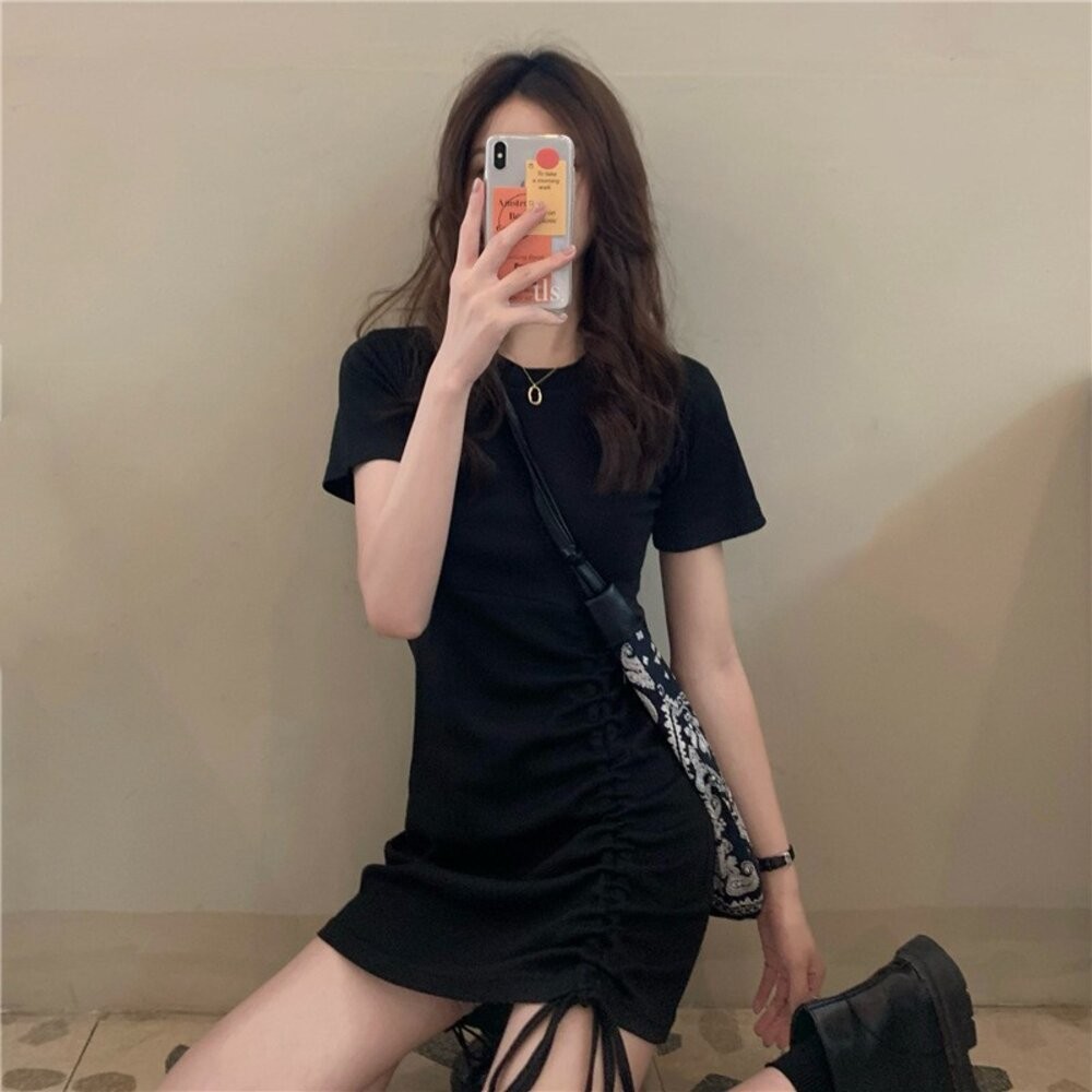 【台灣發貨】韓版設計感拉繩修身顯瘦百搭短袖洋裝 衣服 女裝 t恤 短袖t恤 上衣【T336】-細節圖5