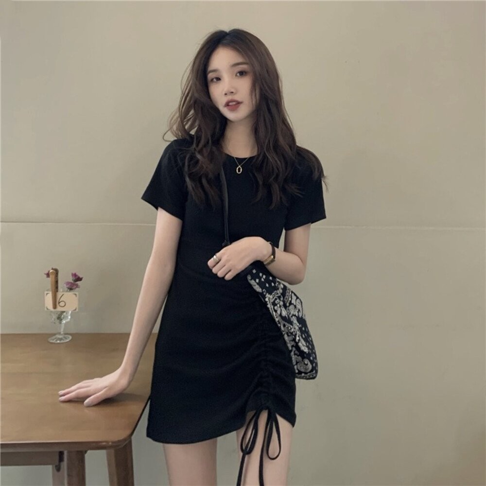 【台灣發貨】韓版設計感拉繩修身顯瘦百搭短袖洋裝 衣服 女裝 t恤 短袖t恤 上衣【T336】-細節圖8