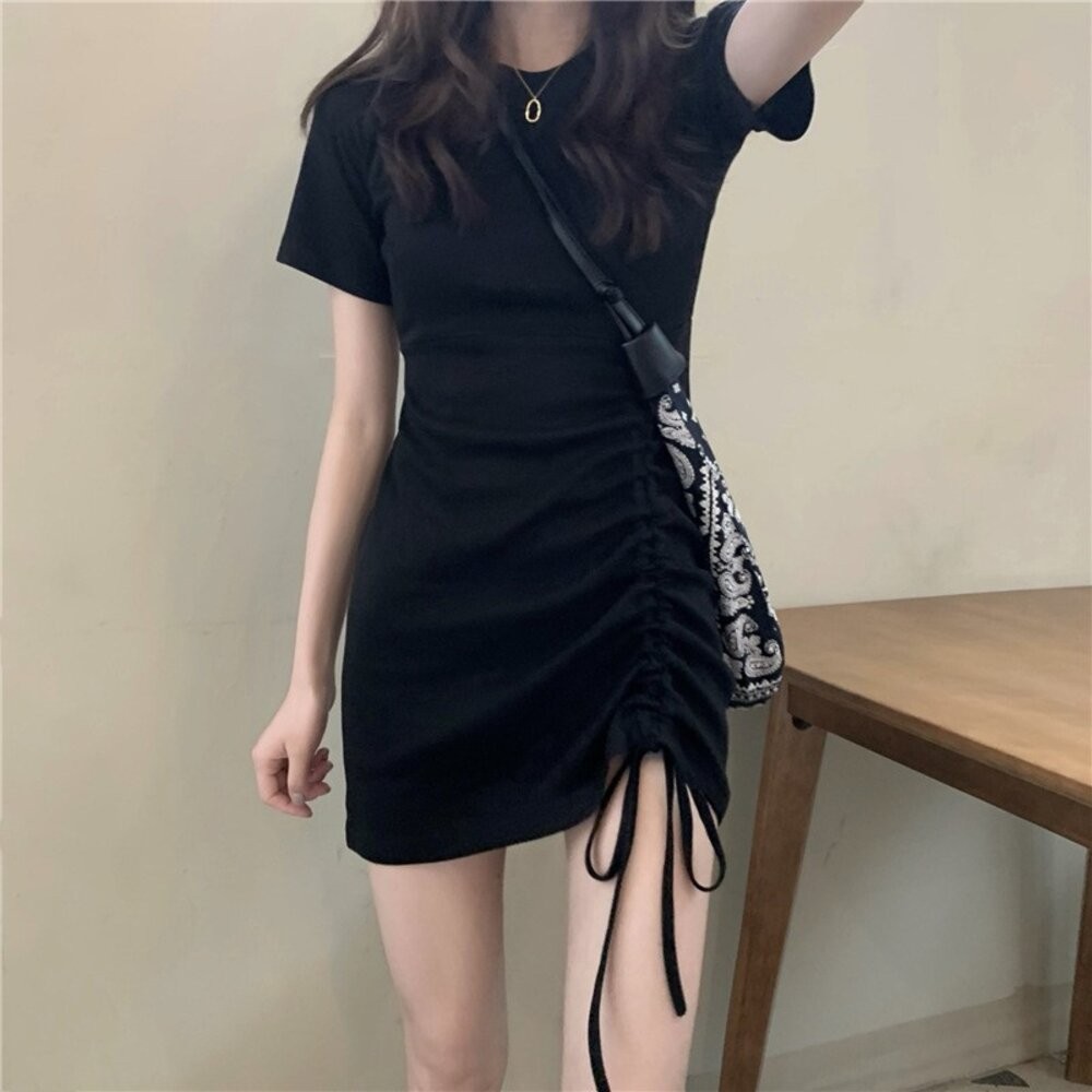 【台灣發貨】韓版設計感拉繩修身顯瘦百搭短袖洋裝 衣服 女裝 t恤 短袖t恤 上衣【T336】-細節圖9