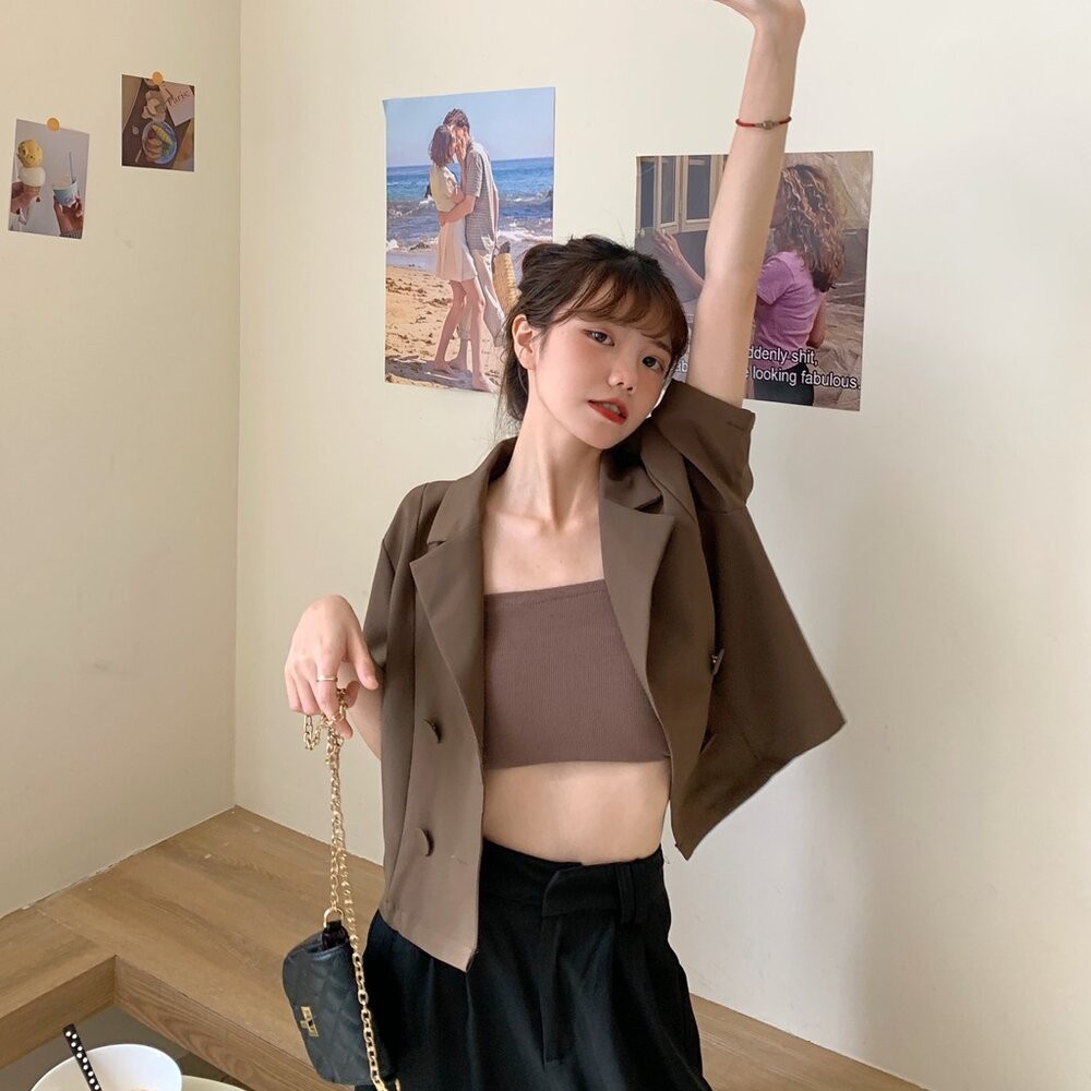 【台灣發貨】韓版薄款小個子短袖西裝外套 送平口背心 短版上衣 短板上衣 衣服 女裝 t恤 短袖t恤【J168】-細節圖3