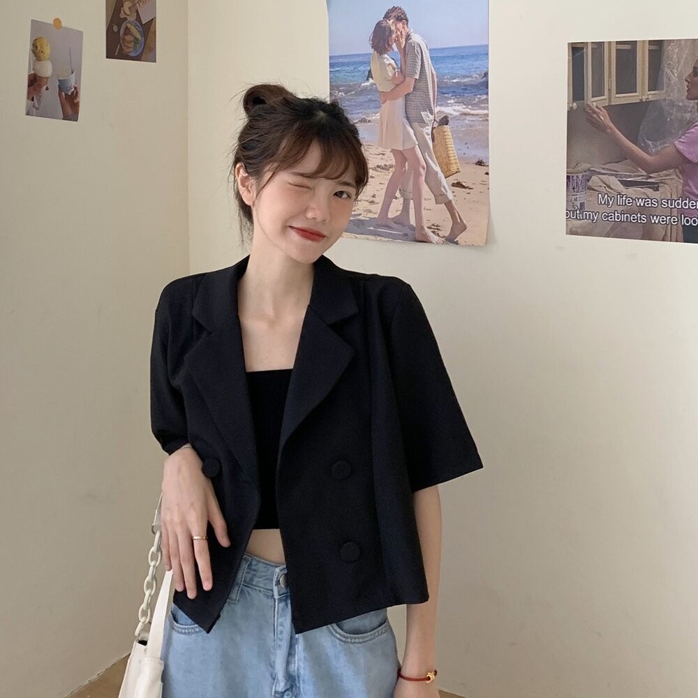 【台灣發貨】韓版薄款小個子短袖西裝外套 送平口背心 短版上衣 短板上衣 衣服 女裝 t恤 短袖t恤【J168】-細節圖7