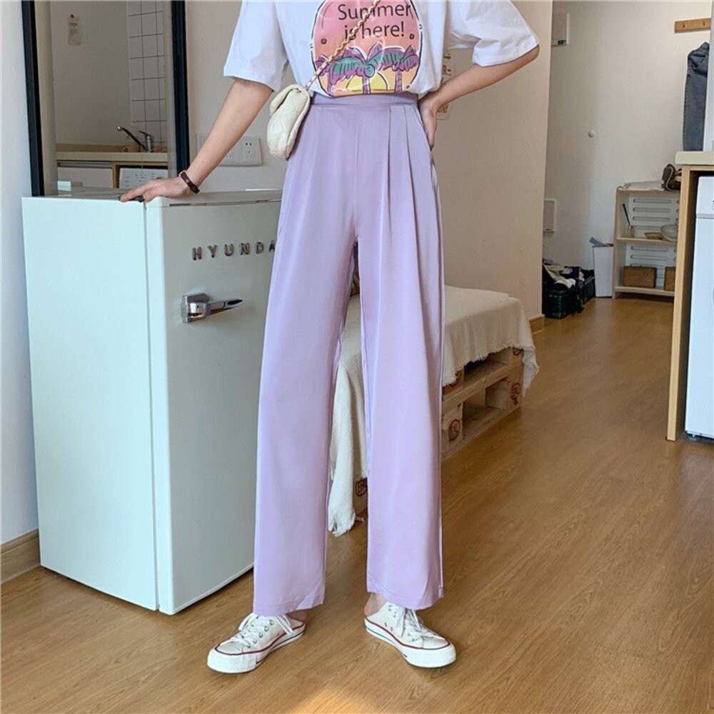 【台灣發貨】韓版寬鬆垂感高腰直筒西裝褲 寬褲 褲子 女裝【P150】-細節圖3