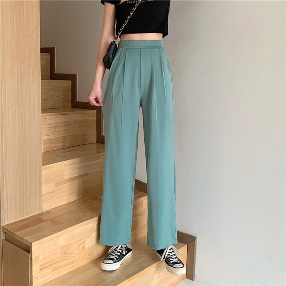 【台灣發貨】韓版寬鬆垂感高腰直筒西裝褲 寬褲 褲子 女裝【P150】-細節圖5