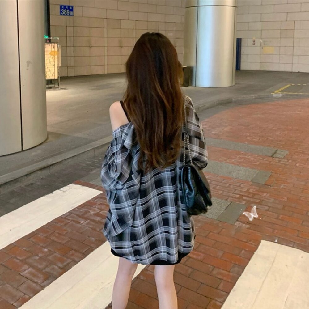 【台灣發貨】韓版慵懶風寬鬆格子防曬外套 外套 防曬外套 女裝 上衣 衣服【J161】-細節圖2