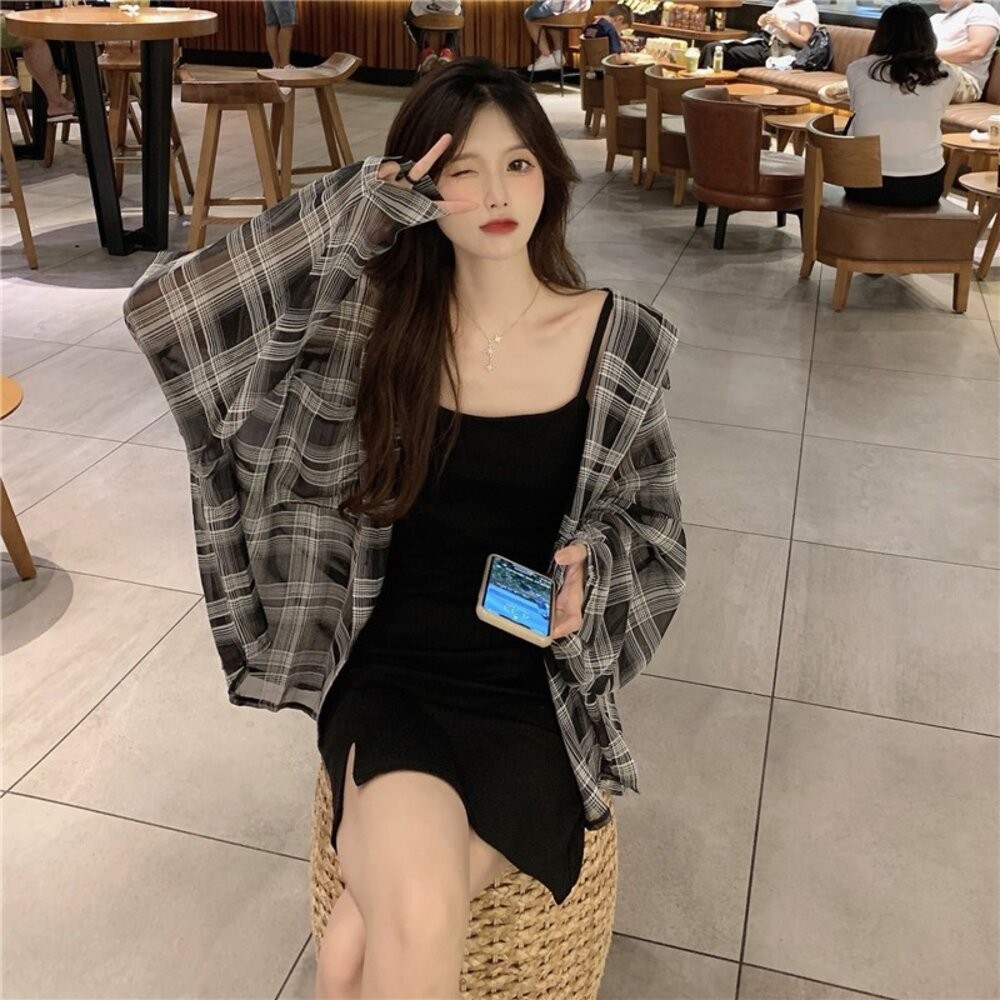 【台灣發貨】韓版慵懶風寬鬆格子防曬外套 外套 防曬外套 女裝 上衣 衣服【J161】-細節圖7