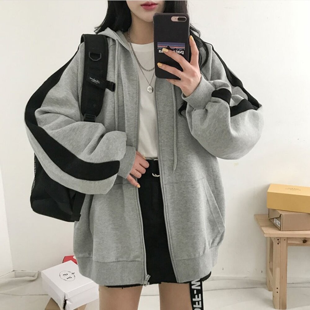 【台灣發貨】韓版連帽拼接學生風內內刷毛運動外套 外套 防曬外套 女裝 上衣 衣服 【J158】-細節圖8