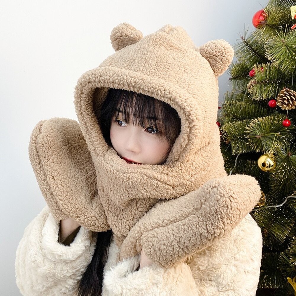 【台灣發貨】韓版保暖防寒毛毛小熊圍巾-細節圖3