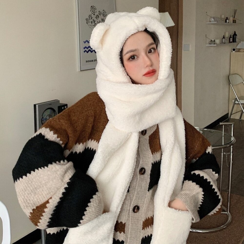 【台灣發貨】韓版保暖防寒毛毛小熊圍巾-細節圖5